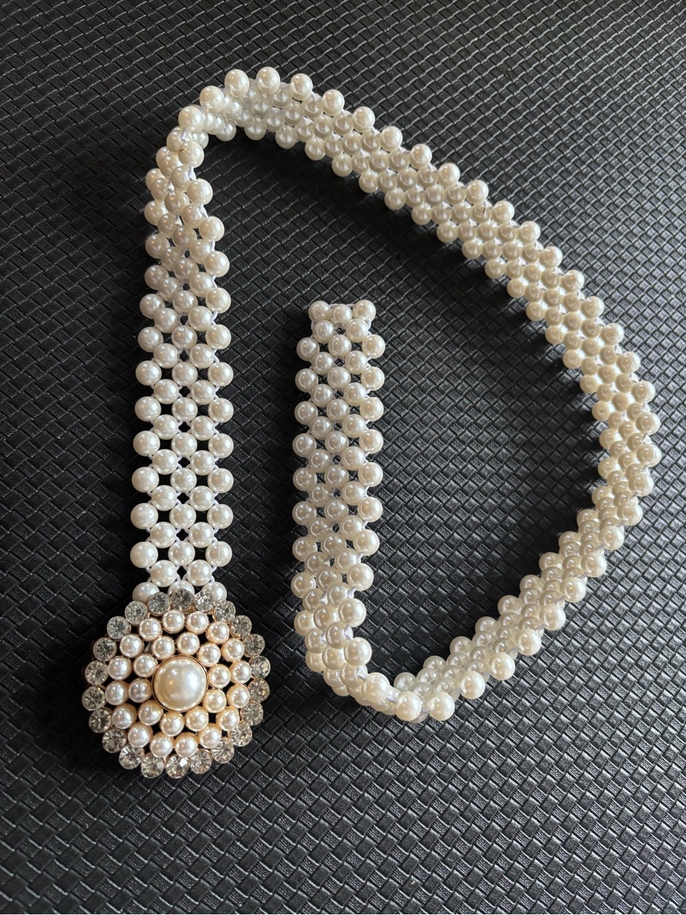 Faux Pearl Belt with Circular Buckle of Rhinestones and Faux Pearls, Size Small